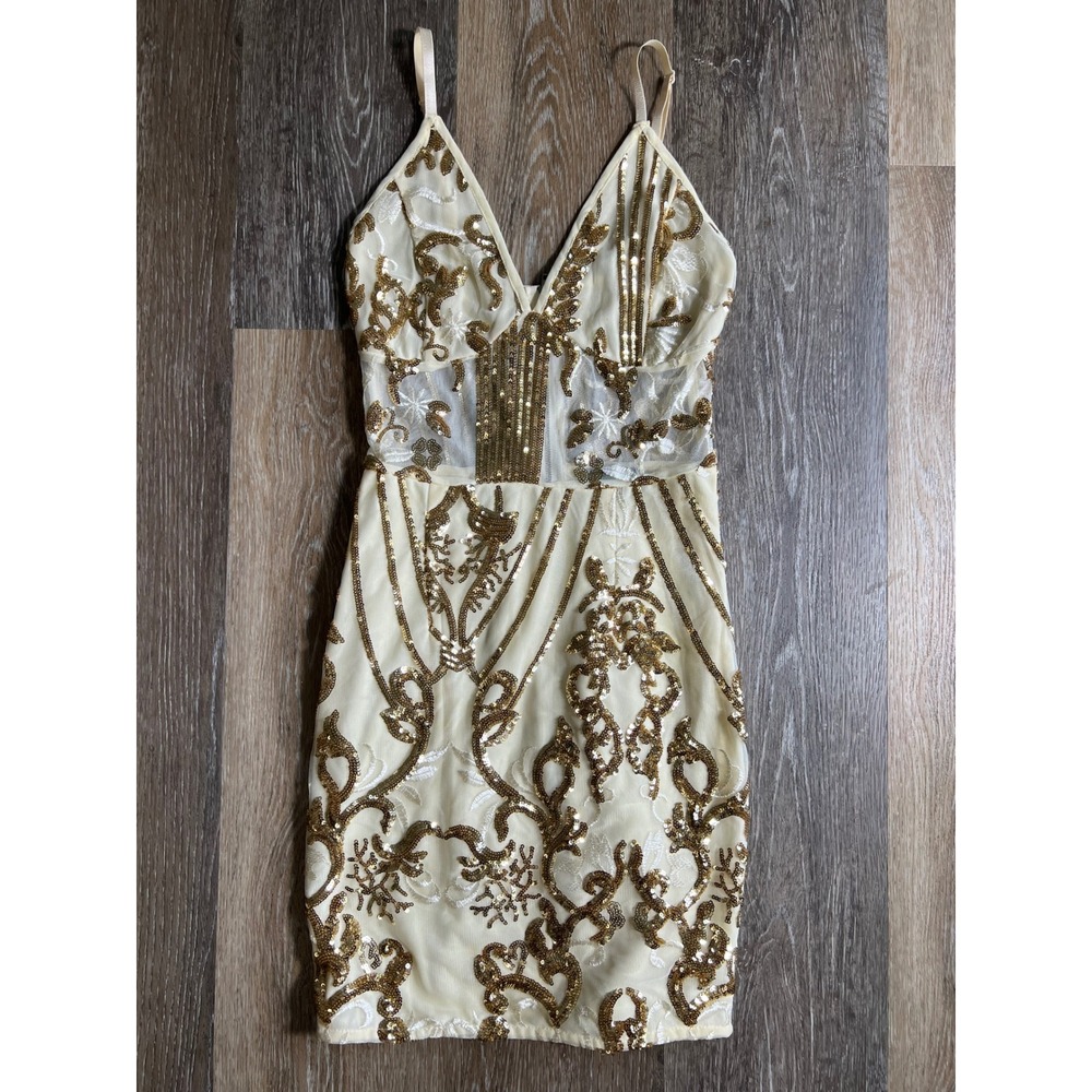 PrettyLittleThing Sequin Mini Dress Womens‎ 0 Gold Cream Excellent Embellished